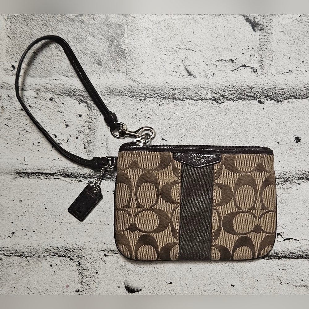 Coach Signature Stripe Wristlet F51158 Mahogany Khaki Small Pouch